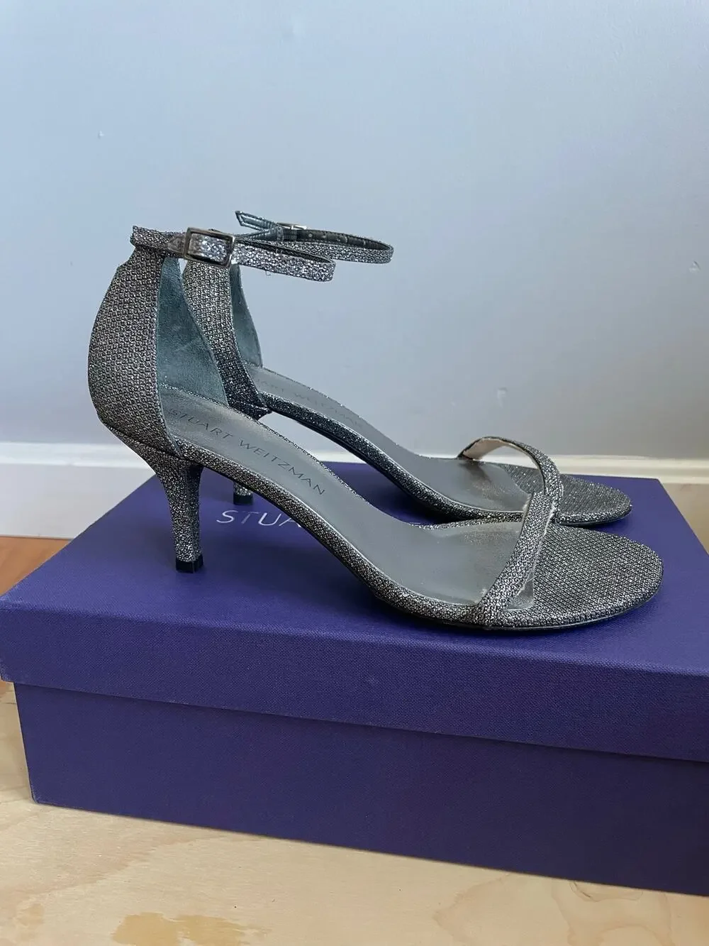 Stuart Weitzman Silver Naked Glitter Sandals 2.5